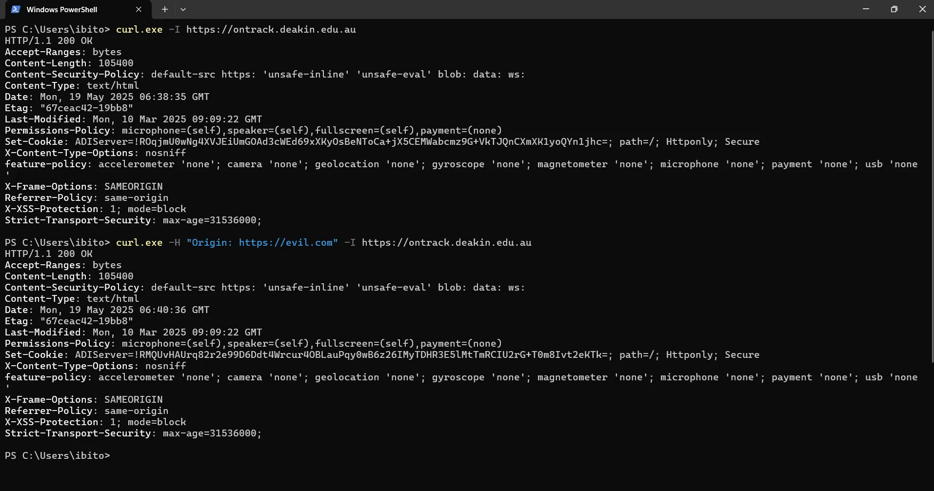 Screenshot of CORS header tests using curl.exe in Windows PowerShell